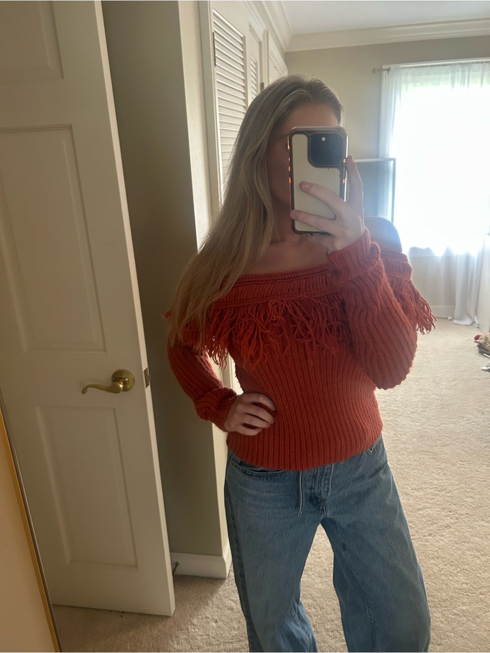 Tularosa Off-the-Shoulder Rust Fringe Knit Sweater